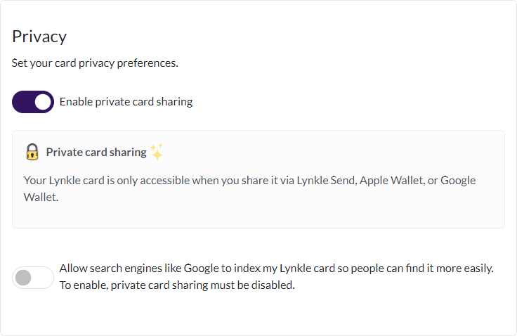 Lynkle card privacy editor
