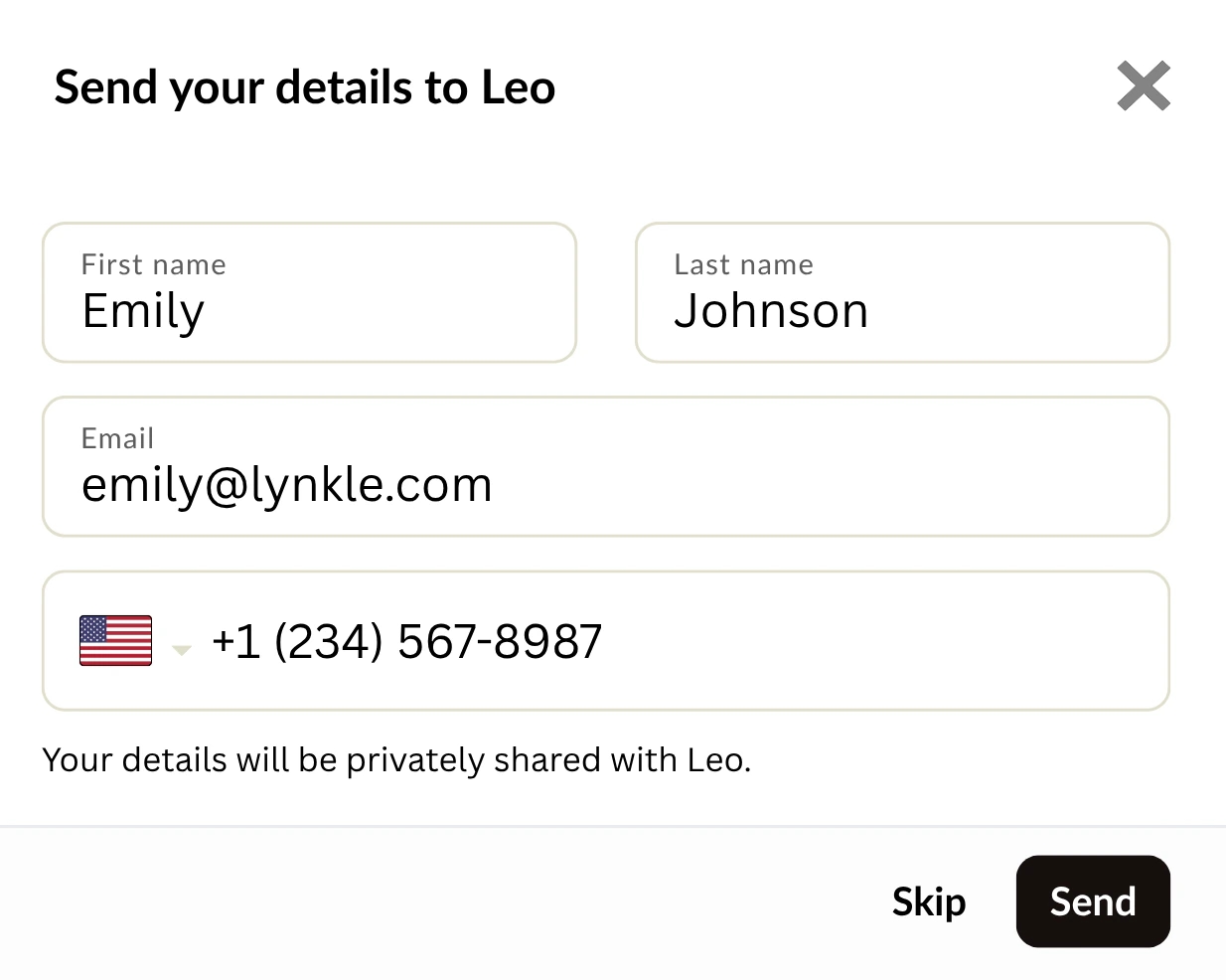 Contact form for sharing Emily’s details with Leo