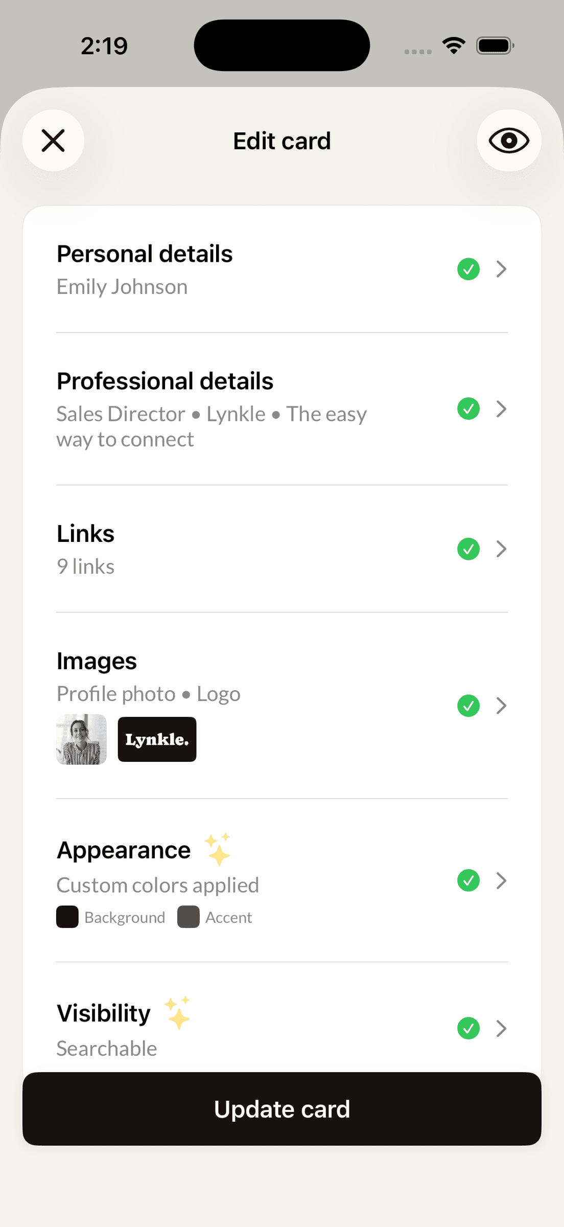Lynkle card editor on iPhone
