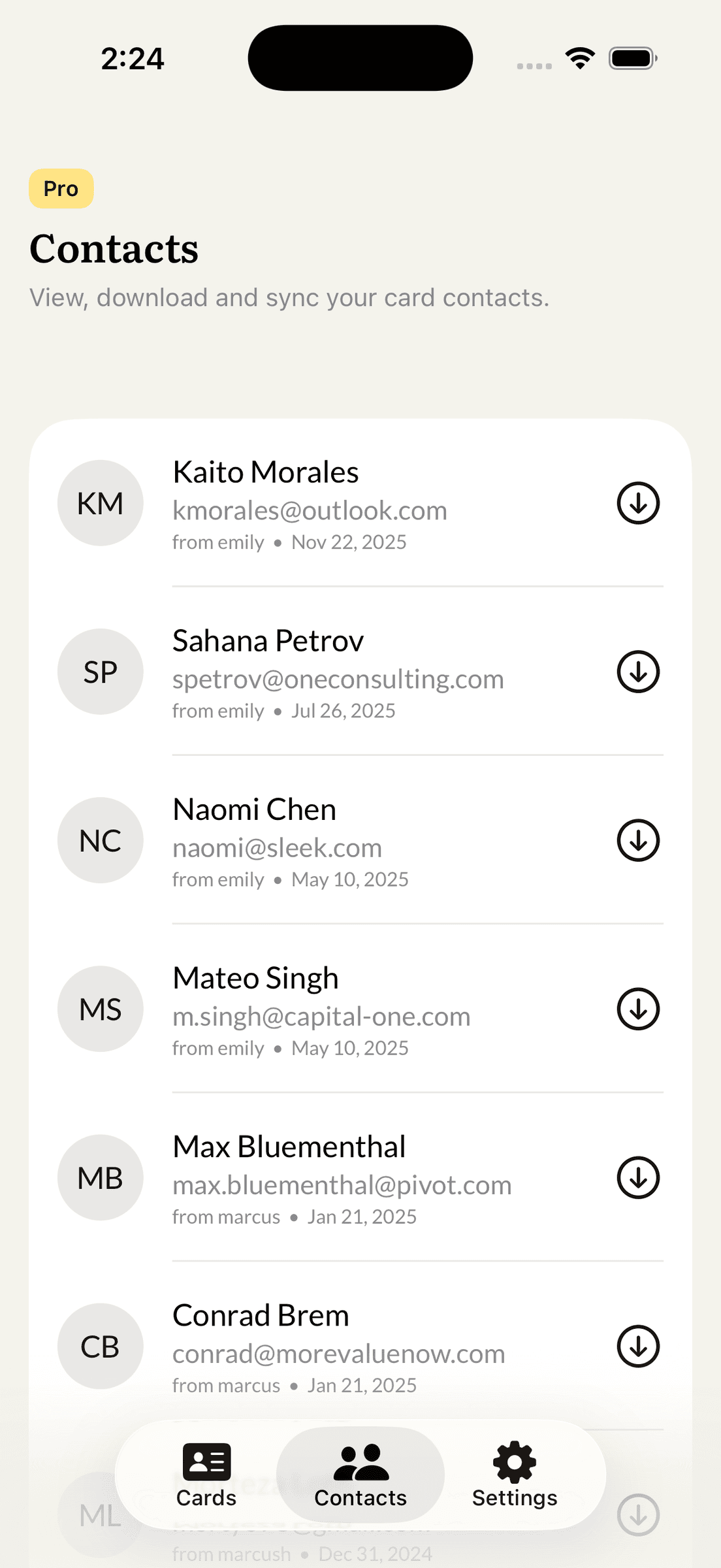 Contacts list on iPhone