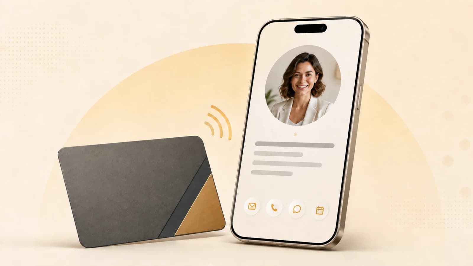 Polished NFC business card sharing a digital profile with a phone