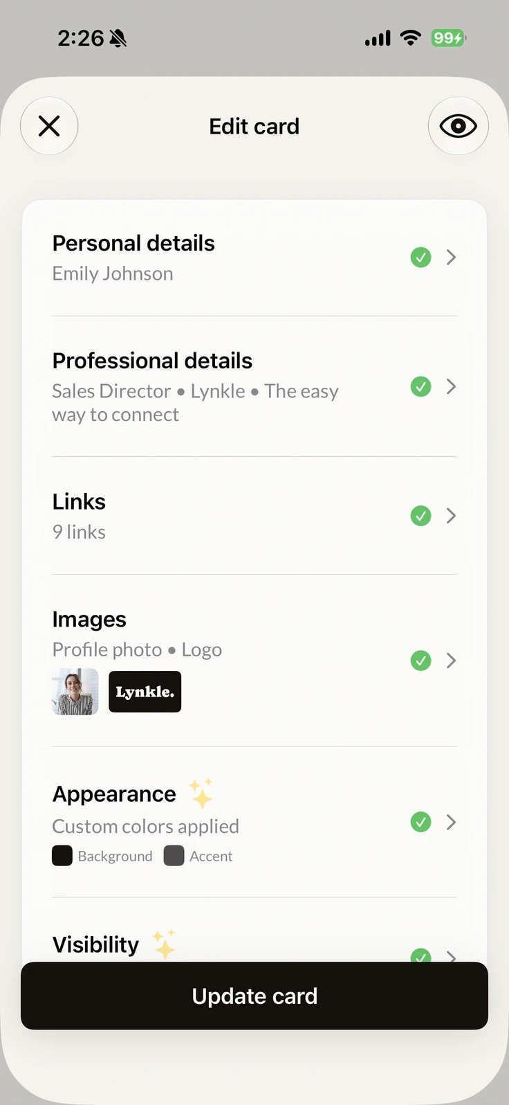 Lynkle card editor on iPhone for creating a branded digital business card