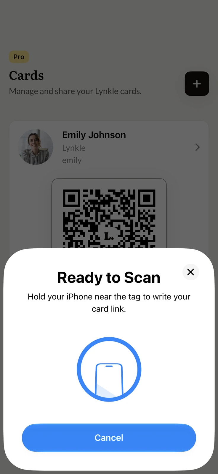 Lynkle app on iPhone pairing a compatible third-party NFC card or tag