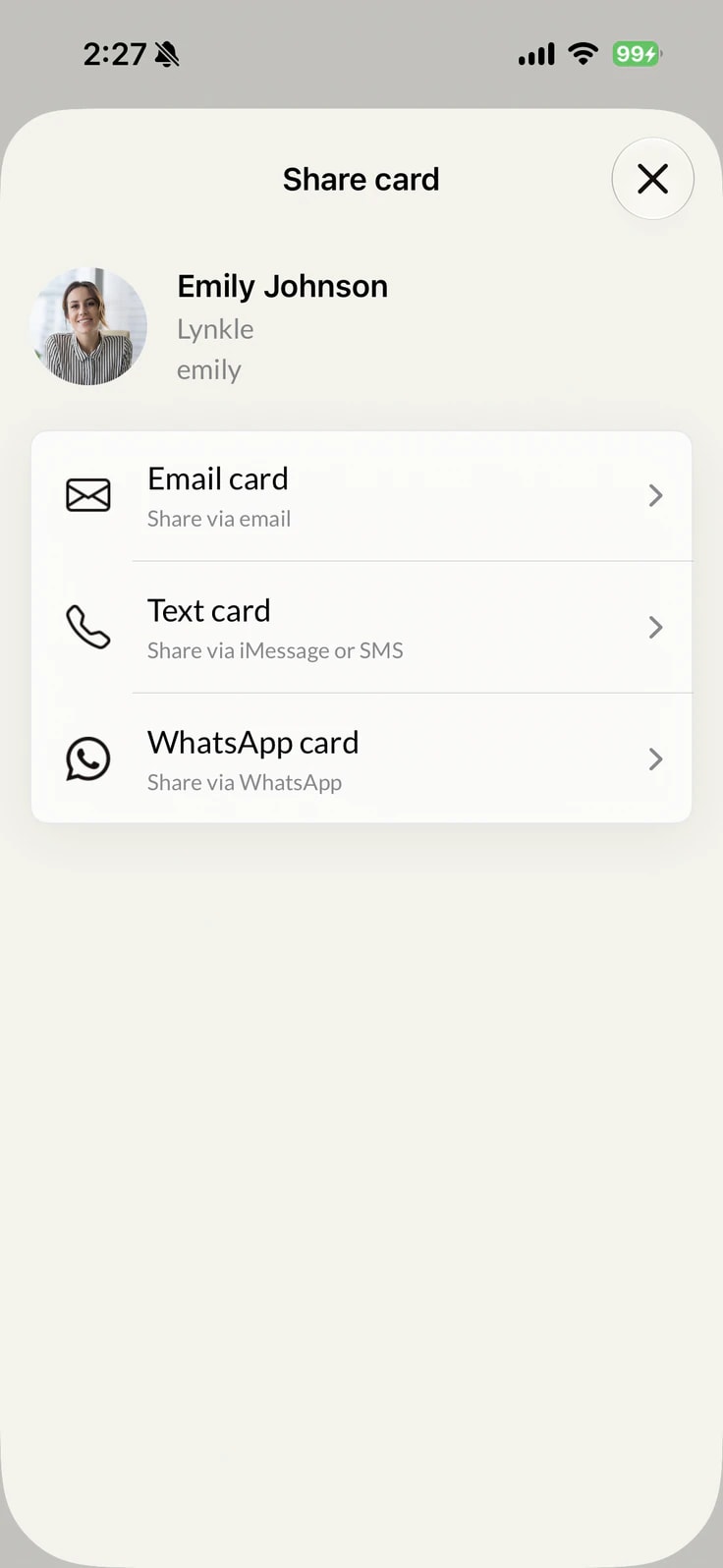 iPhone share sheet for sharing a Lynkle digital business card link