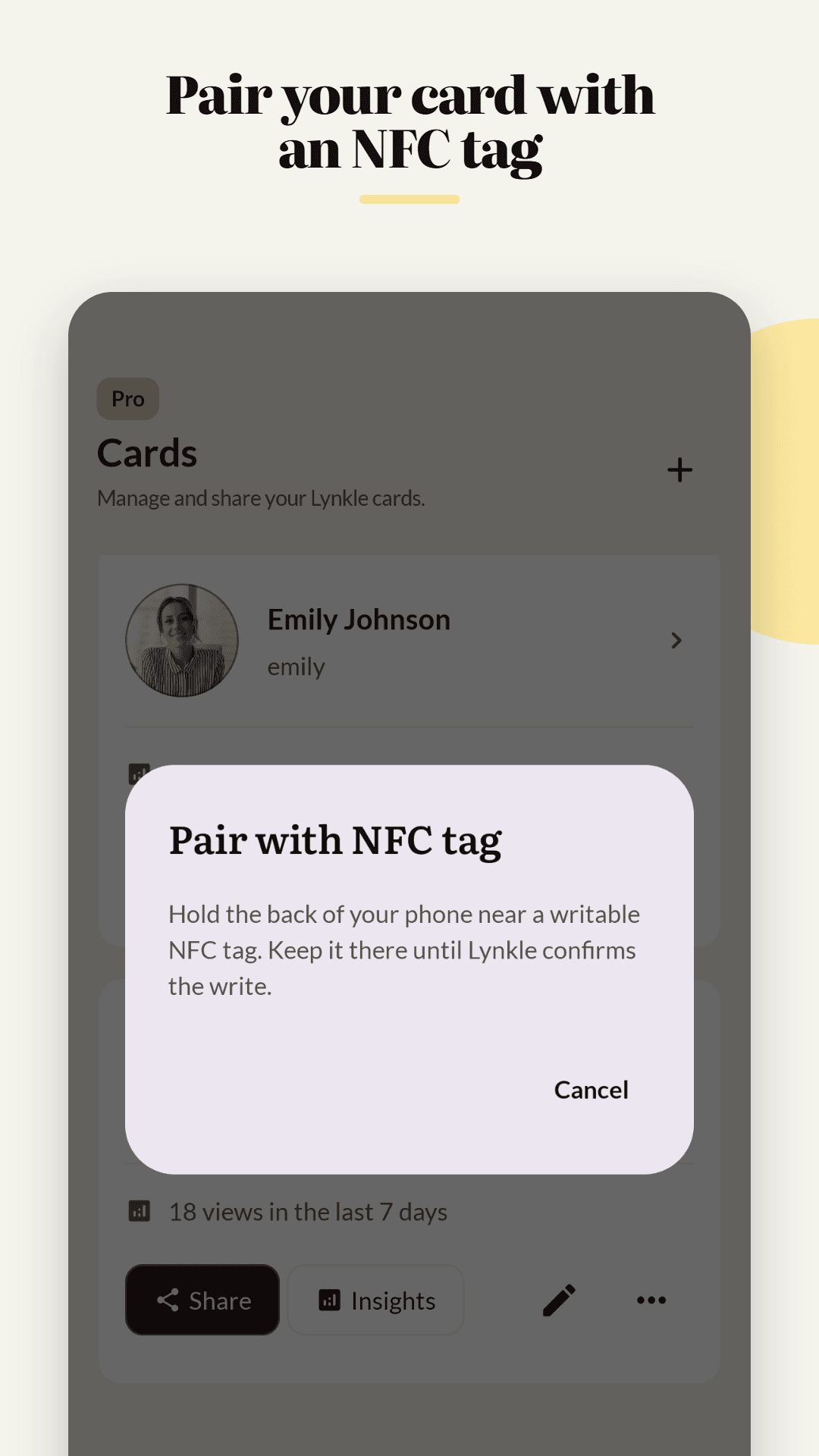 Lynkle Android app pairing a digital business card with an NFC tag