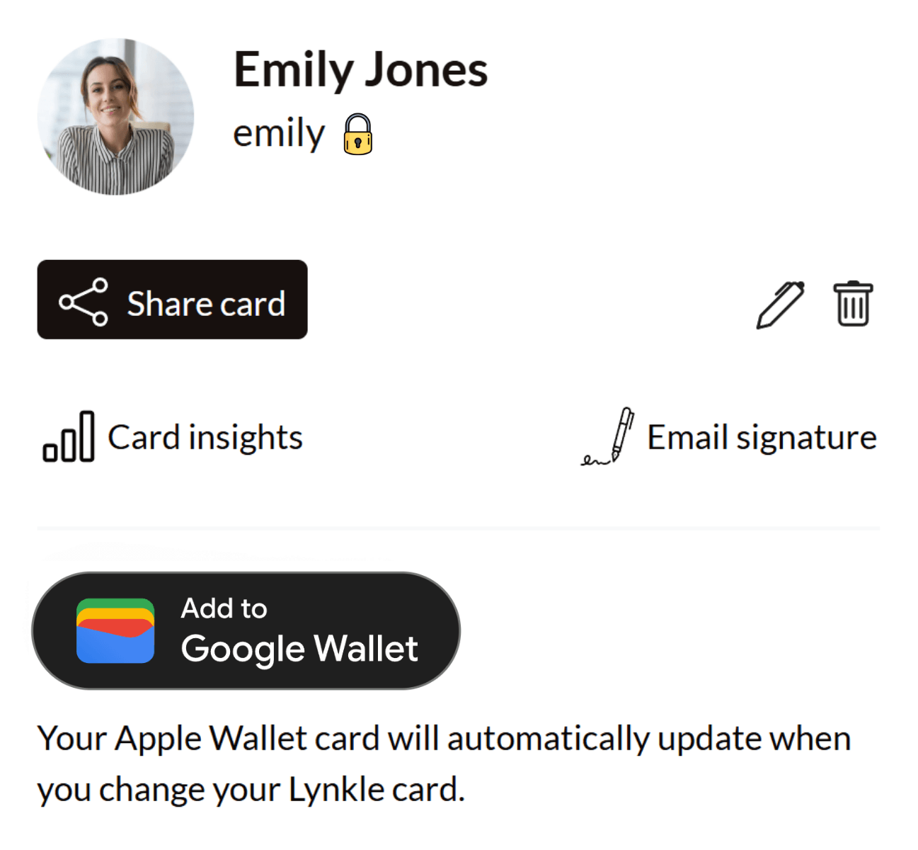 Add your digital business card to Google Wallet Add digital business card to Google Wallet button in Lynkle dashboard