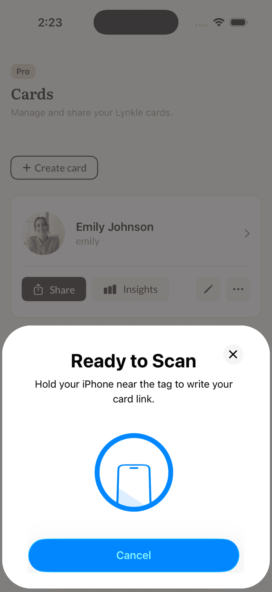 Lynkle iOS app Ready to Scan screen for pairing an NFC tag
