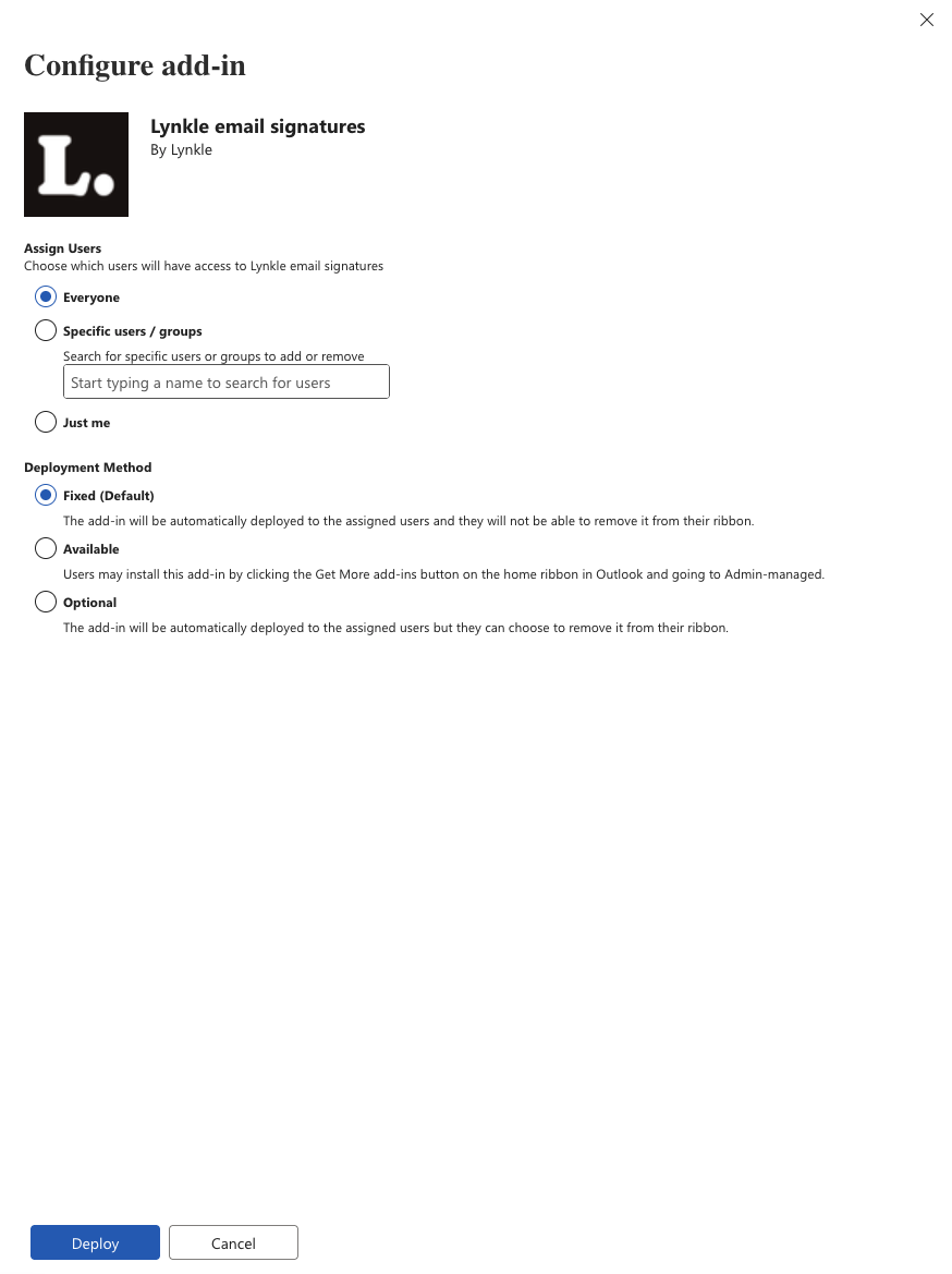 Microsoft's Configure add-in screen showing recipient and deployment choices. Select Specific users / groups and Fixed for your test deployment.